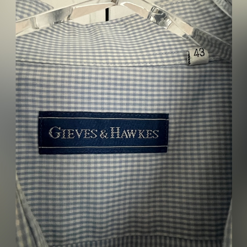 GIEVES & HAWKES Short Sleeve Light blue Shirt gingham embroidery Logo size 43/17 - Picture 4 of 12